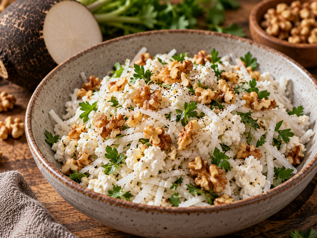 Салат из редьки с творогом и грецкими орехами